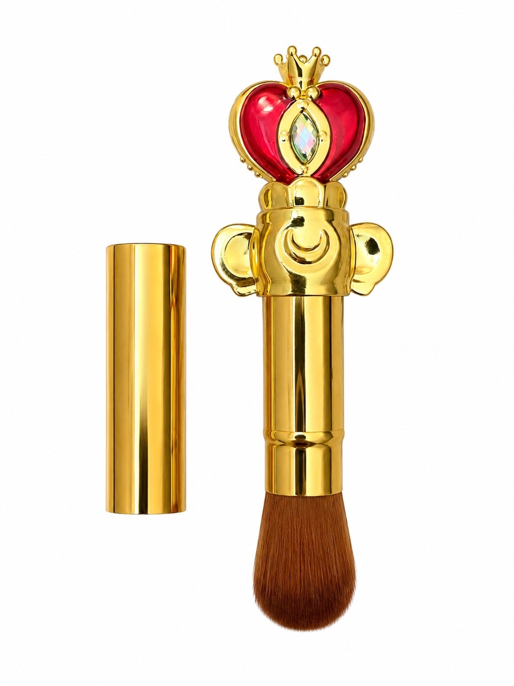 NWOB Gold Retractable Makeup Brush Red Crown Heart Crystal Travel Kabuki
